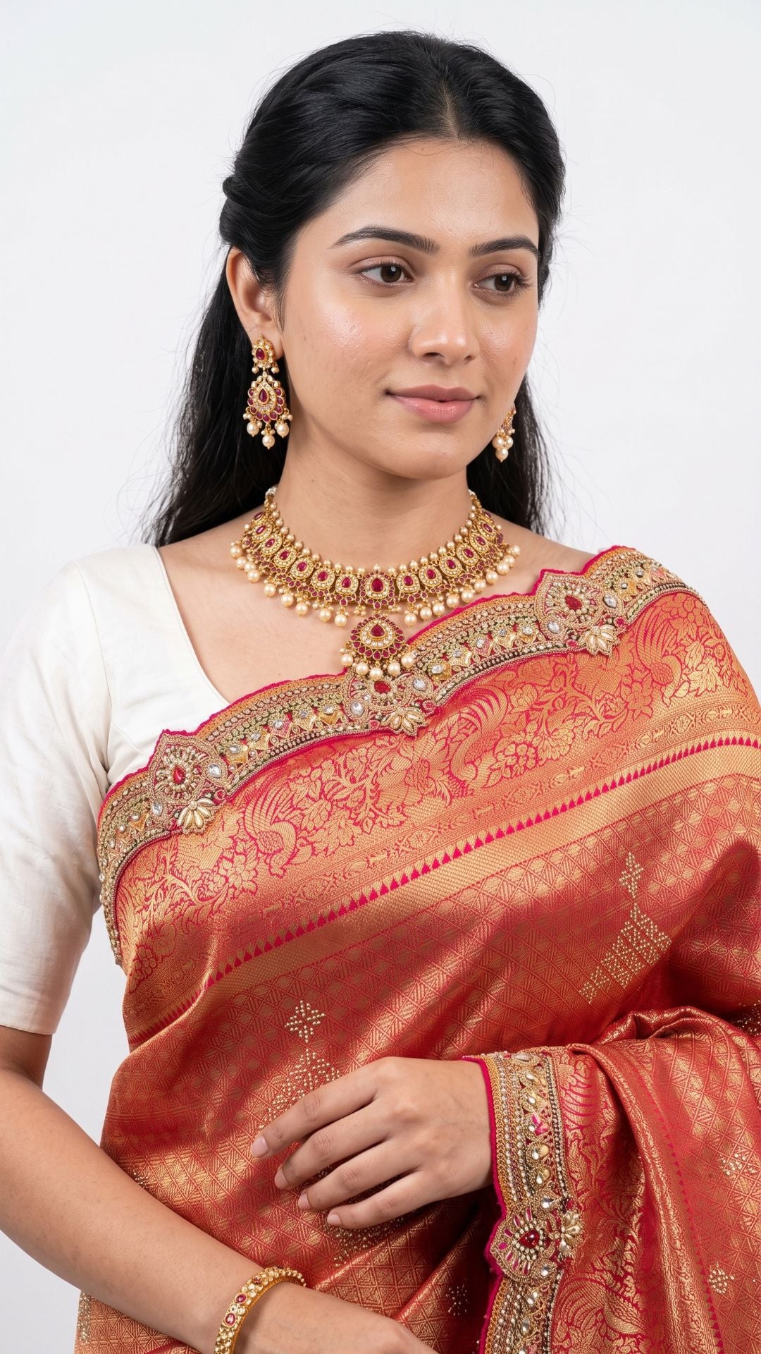 Rani Banarasi Silk Unstitched Saree with Dupatta Embellished with Thread & Stone Work